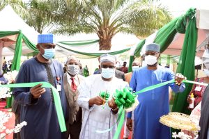 (L-R)Chairman, Presidential Task Force and Secretary to the Government of the Federation (SGF), Mr Boss Mustapha, Chief of Staff to the President, Prof Ibrahim Gambari, State House Medical Director, Dr Munir Hussaini Yakasai  and the Permanent Secretary, State House, Mr Tijjani Umar  at the commissioning  of State House Clinic Special Care Centre (COVID-19 Isolation Centre) on Tuesday, February 2, 2021, Abuja.