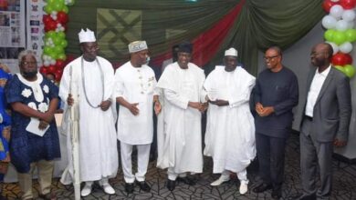 (L-R)Prof. Akin Onigbinde, Iba Gani Adams, Dr. Dakuku Adol Peterside, Otunba Gbenga Daniel, Senator Ahmed Makarfi, Mr. Peter Obi, Mr Gabriel Akinadewo