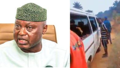 Governor Abiodun Oyebanji and the school bus conveying the pupils and teachers