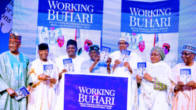From right: General Yakubu Gowon, Mrs. Aisha Buhari, Former President Muhammadu Buhari, President Bola Tinubu, Chief Femi Adesina, former Vice President Prof. Yemi Osinbajo