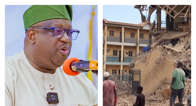 Governor Muftwang and the collpased building (Photo credit: Channels Television)