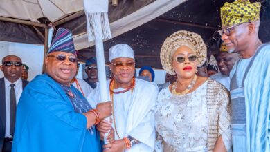 (L-R) Gov. Ademola Adeleke, Oba Haastrup, Olori Adenike Haastrup