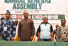 1: Oyo State Governor, Seyi Makinde (middle); President, Nigeria Football Federation (NFF), Ibrahim Gusau (second left); First Vice President NFF, Felix Anyawu (left) and Former NFF President, Mr Amanju Pinnick, during the Annual General Assembly of NFF, held at Ogunlesi Hal, Ibadan. PHOTO: Oyo Gov's Media Unit.