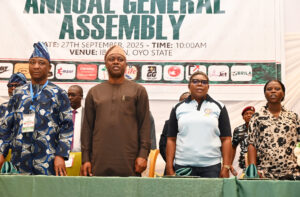 1: Oyo State Governor, Seyi Makinde (middle); President, Nigeria Football Federation (NFF), Ibrahim Gusau (second left); First Vice President NFF, Felix Anyawu (left) and Former NFF President, Mr Amanju Pinnick, during the Annual General Assembly of NFF, held at Ogunlesi Hal, Ibadan. PHOTO: Oyo Gov's Media Unit.