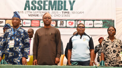 1: Oyo State Governor, Seyi Makinde (middle); President, Nigeria Football Federation (NFF), Ibrahim Gusau (second left); First Vice President NFF, Felix Anyawu (left) and Former NFF President, Mr Amanju Pinnick, during the Annual General Assembly of NFF, held at Ogunlesi Hal, Ibadan. PHOTO: Oyo Gov's Media Unit.