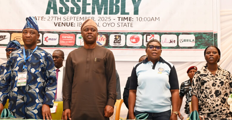 1: Oyo State Governor, Seyi Makinde (middle); President, Nigeria Football Federation (NFF), Ibrahim Gusau (second left); First Vice President NFF, Felix Anyawu (left) and Former NFF President, Mr Amanju Pinnick, during the Annual General Assembly of NFF, held at Ogunlesi Hal, Ibadan. PHOTO: Oyo Gov's Media Unit.