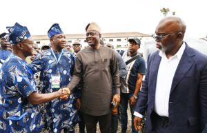 2. From left, President, Nigeria Football Federation (NFF), Ibrahim Gusau; Oyo State Governor, Seyi Makinde; Oyo State Head of Service, Mrs Olubumi Oni and Oyo State Commissioner for Youth and Sports, Wasilat Adegoke, during the Annual General Assembly of NFF, held at Ogunlesi Hal, Ibadan. PHOTO: Oyo Gov's Media Unit.